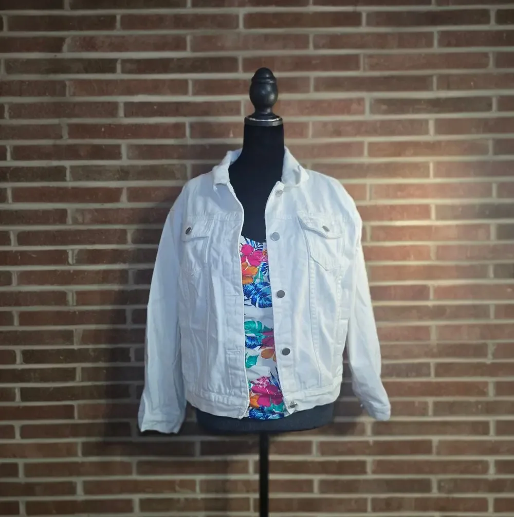 Women's White Denim Jacket Classic Trucker Jean Jacket Cotton Blend Size L